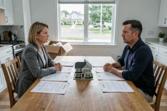 Couple en instance de divorce assis à une table avec des documents immobiliers et juridiques lors d'une vente de maison conflictuelle en Seine-et-Marne