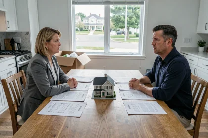 Couple en instance de divorce assis à une table avec des documents immobiliers et juridiques lors d'une vente de maison conflictuelle en Seine-et-Marne