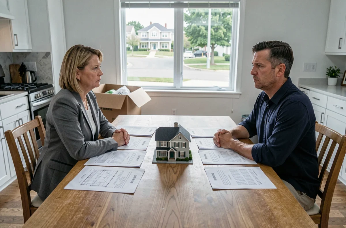 Couple en instance de divorce assis à une table avec des documents immobiliers et juridiques lors d'une vente de maison conflictuelle en Seine-et-Marne