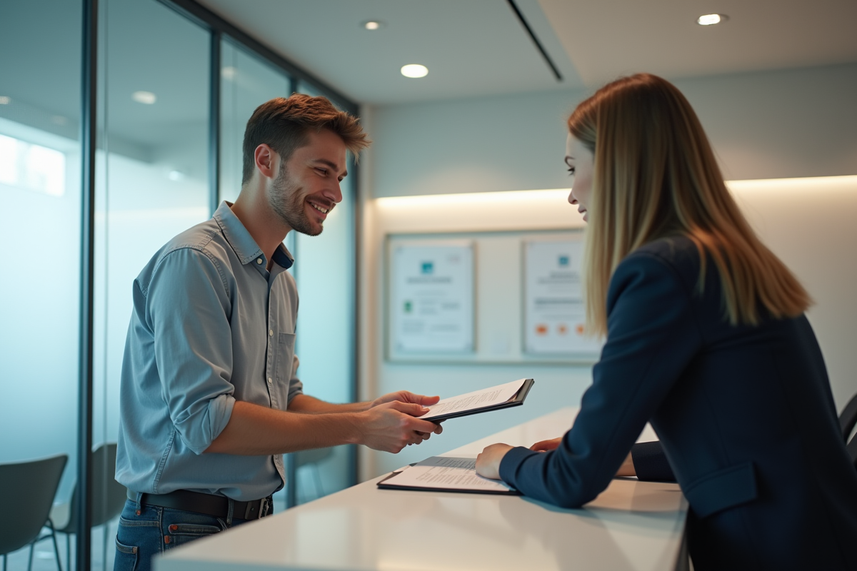 Homme remettant un dossier à une réceptionniste en bureau