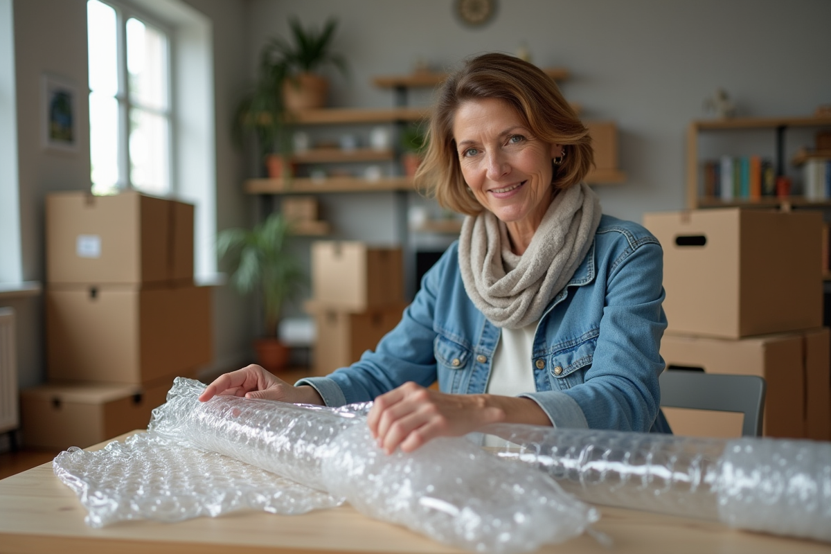 Femme emballant du verre pour déménagement dans un appartement