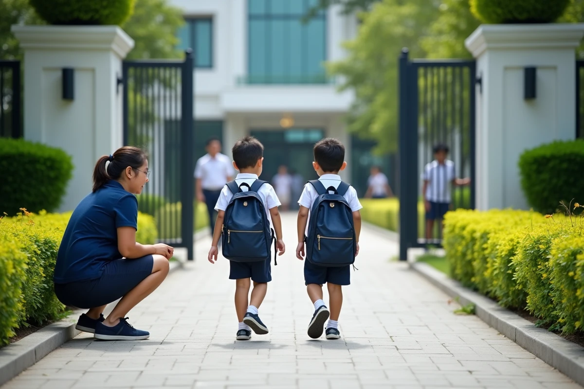 Enfants expatriés arrivant à l'entrée d'une école internationale en Thaïlande avec un personnel accueillant