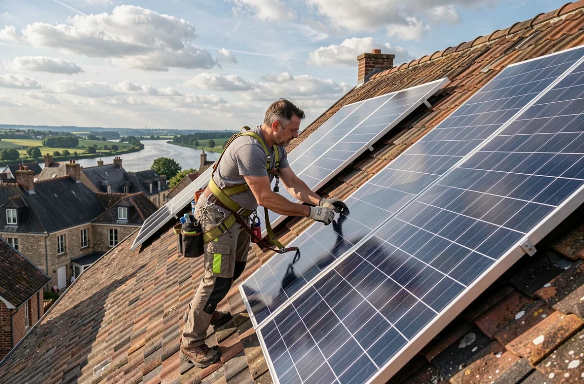 Technicien d'Ensol Rouen installant des panneaux photovoltaïques sur un toit normand