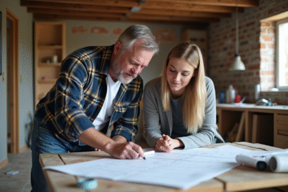 Hommes et femme examinant des plans de rénovation dans une maison en travaux