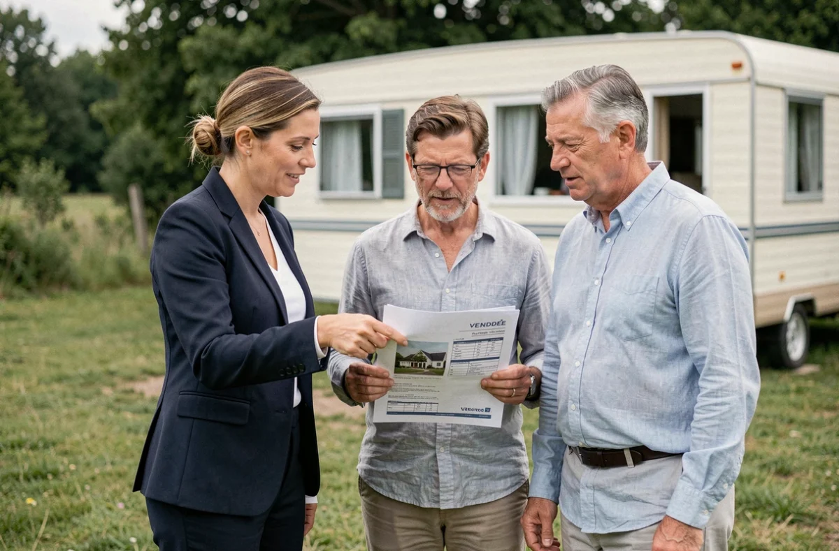 Agent immobilier présentant une estimation de prix à un couple sur une parcelle avec mobil home en Vendée