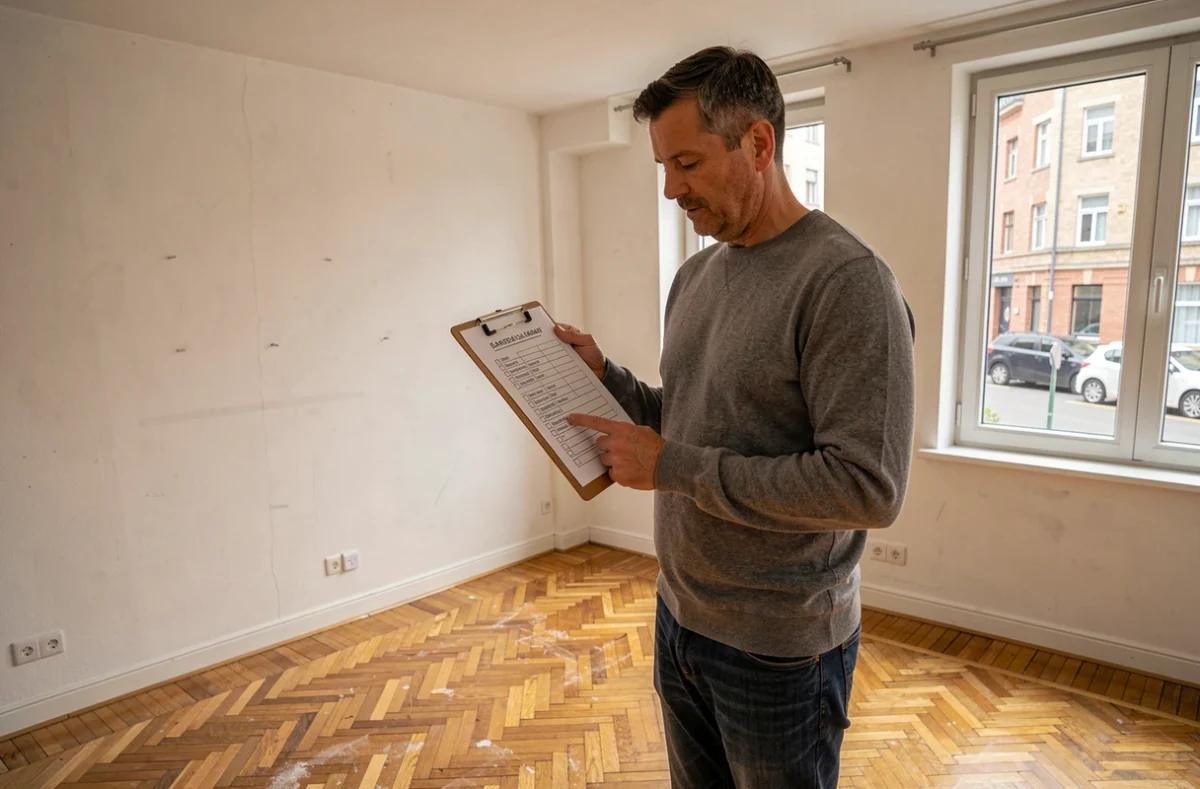 Propriétaire ou locataire effectuant un état des lieux de sortie dans un appartement vide