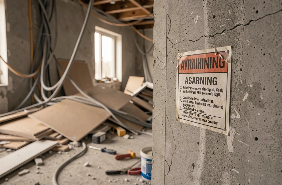 Panneau d'avertissement amiante sur une plaque de ciment dégradée dans un bâtiment commercial en cours de démolition
