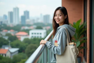 Étudiante thaïlandaise sur le balcon de son condo à Bangkok avec vue sur la ville et un campus universitaire en arrière-plan