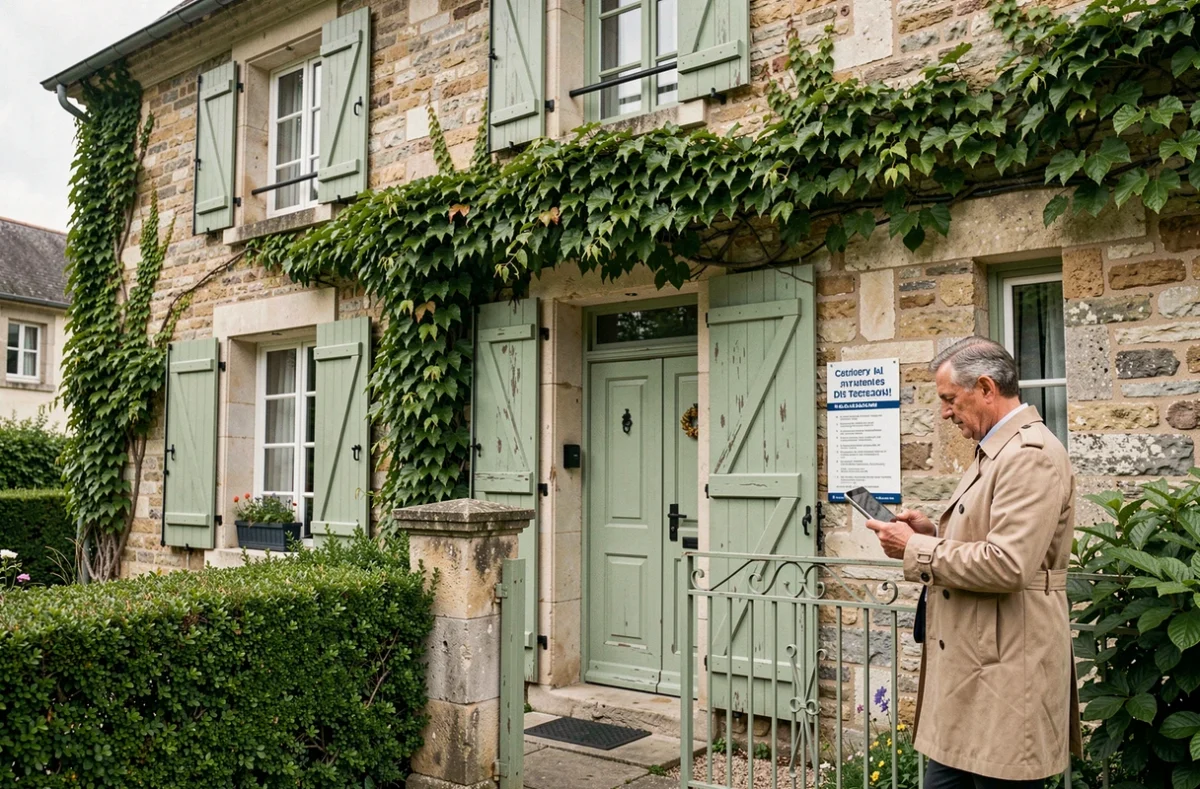 Maison française traditionnelle en vente avec agent immobilier devant la façade en pierre et volets verts