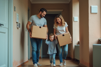 Famille de trois dans un couloir d appartement en déménagement