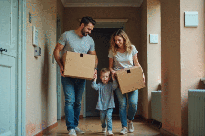 Famille de trois dans un couloir d appartement en déménagement