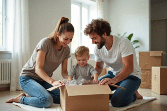 Famille jeune déballant des cartons dans un appartement lumineux