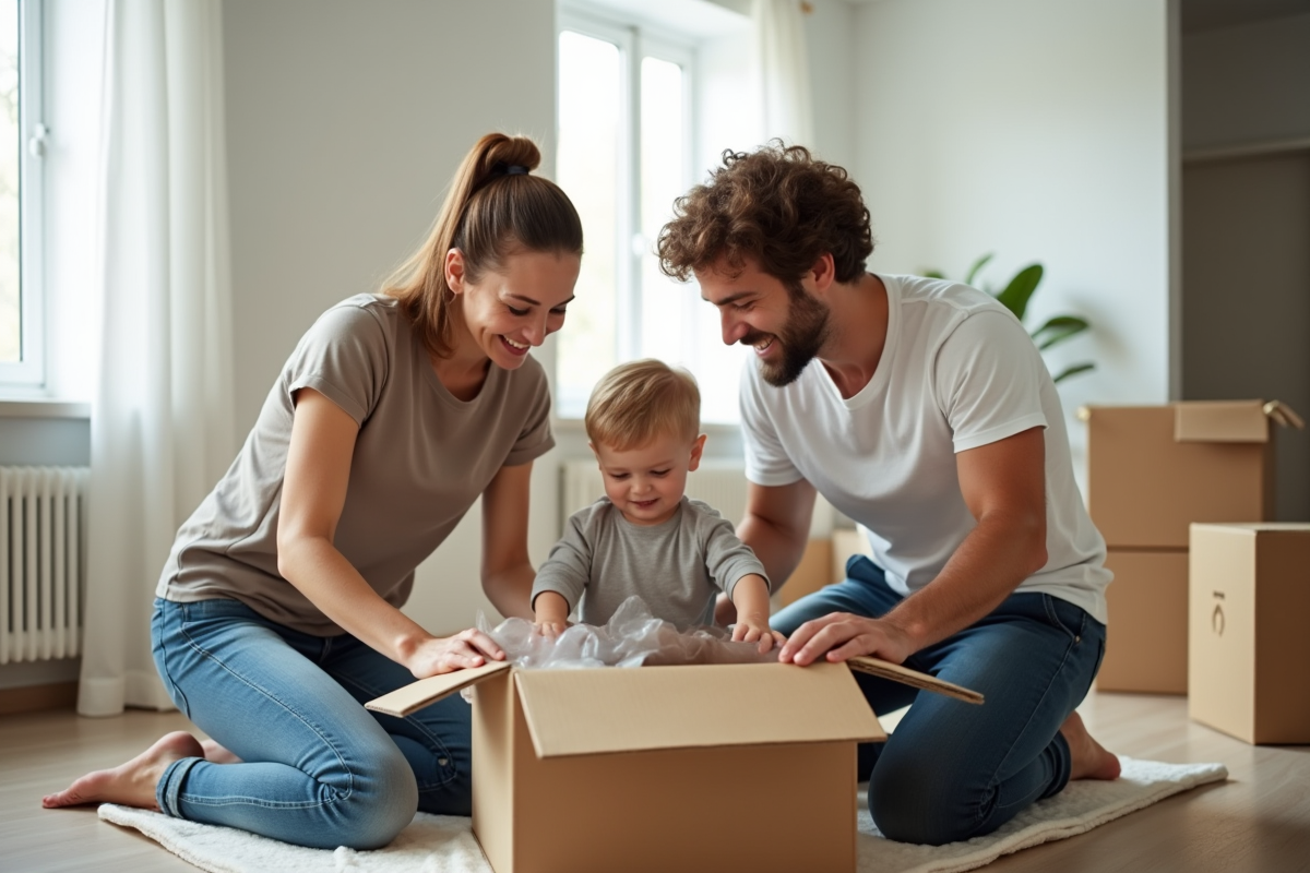 Famille jeune déballant des cartons dans un appartement lumineux
