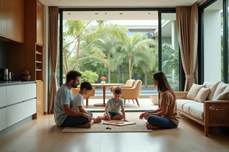 Famille occidentale visitant un appartement moderne meublé à Bangkok avec vue sur cour tropicale