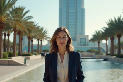 Femme d'affaires devant la tour Almas &agrave; Duba&iuml;