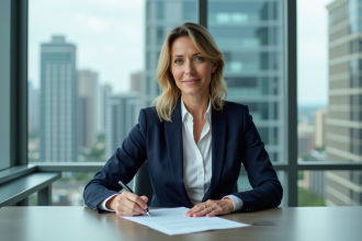 Femme d'affaires en bureau moderne examinant un contrat