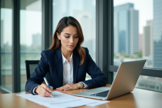 Femme d'affaires examinant des documents immobiliers dans un bureau lumineux