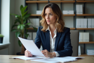 Femme d affaires en costume bleu examinant des documents de location