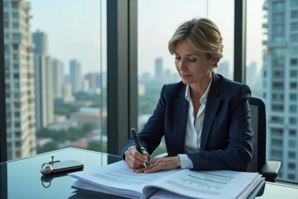 Femme d affaires en costume bleu dans un bureau moderne