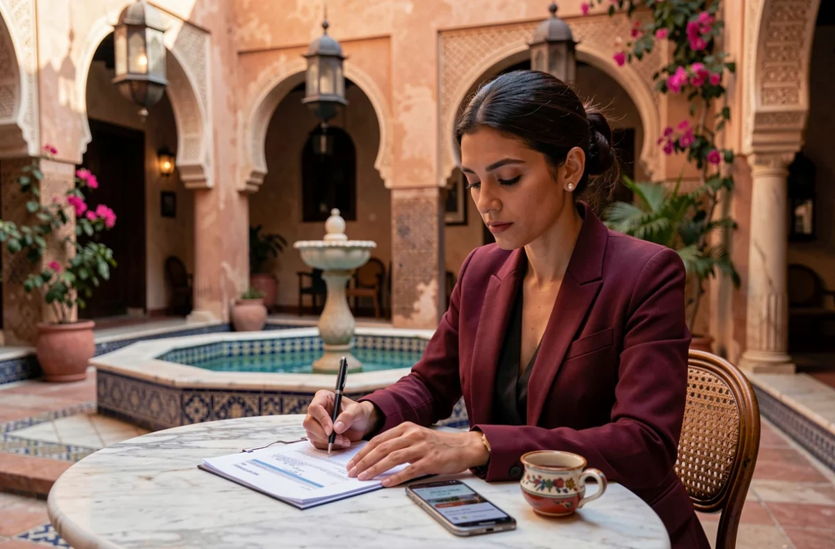 Femme marocaine analysant un rapport d'évaluation immobilière dans un riad de Marrakech avant de négocier un appartement