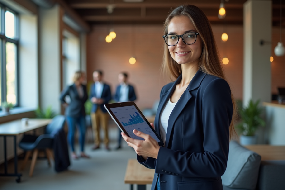 Jeune femme professionnelle avec tablette dans coworking