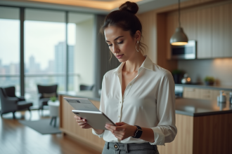 Femme professionnelle examinant documents dans un appartement moderne
