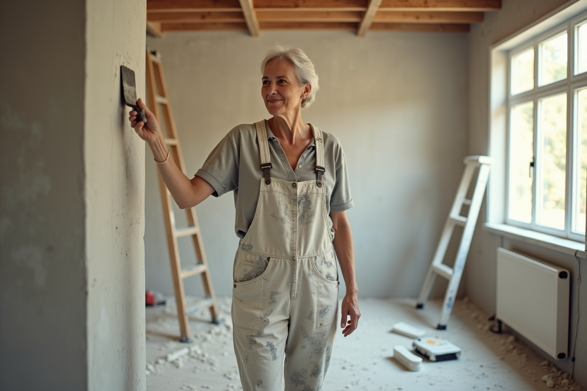 Femme en overalls appliquant du plâtre sur un mur en rénovation intérieure