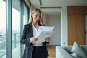 Femme professionnelle examinant des plans dans un appartement moderne