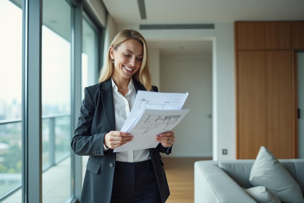 Femme professionnelle examinant des plans dans un appartement moderne