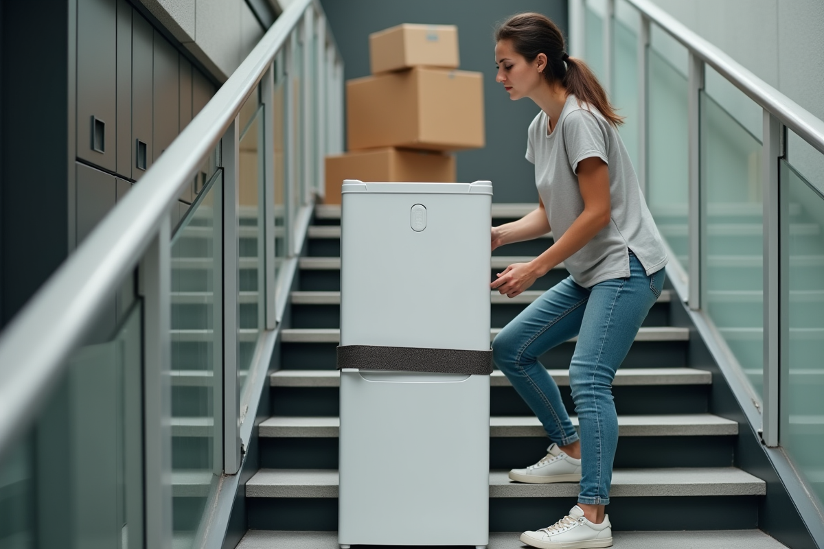 Une femme attache un frigo avec des sangles dans un immeuble moderne
