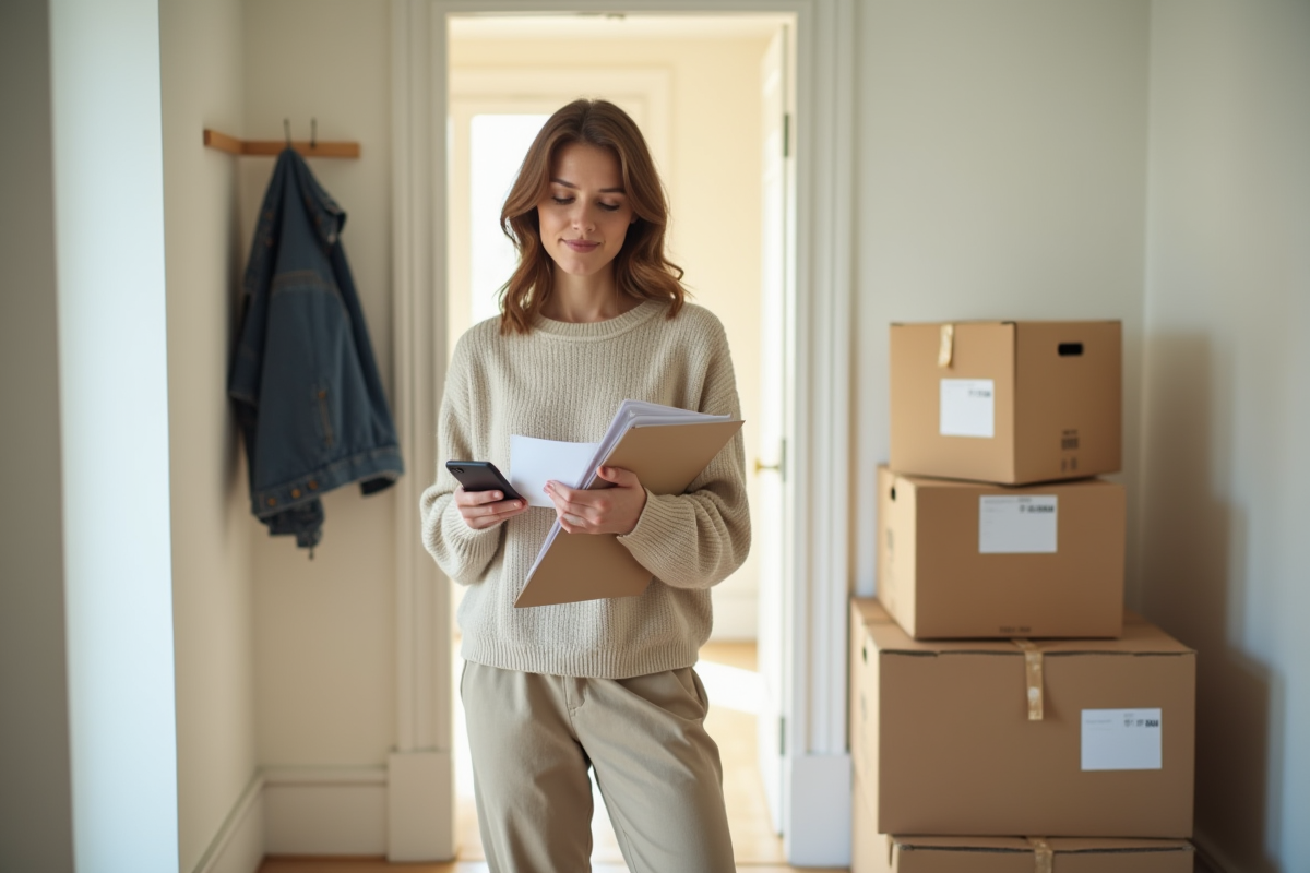 Jeune femme tenant un smartphone dans un couloir lumineux