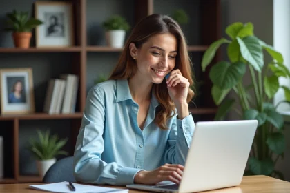 Femme concentrée sur smartphone dans un bureau cosy