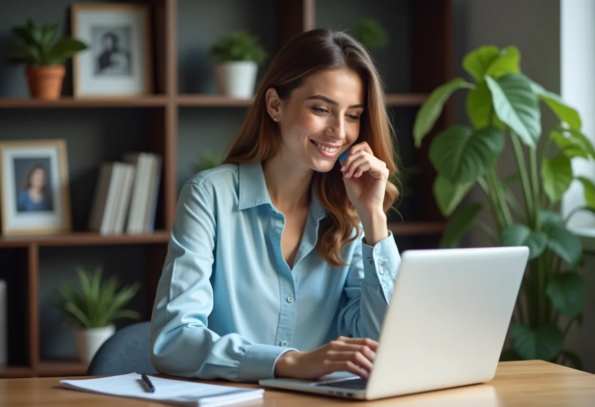 Femme concentrée sur smartphone dans un bureau cosy