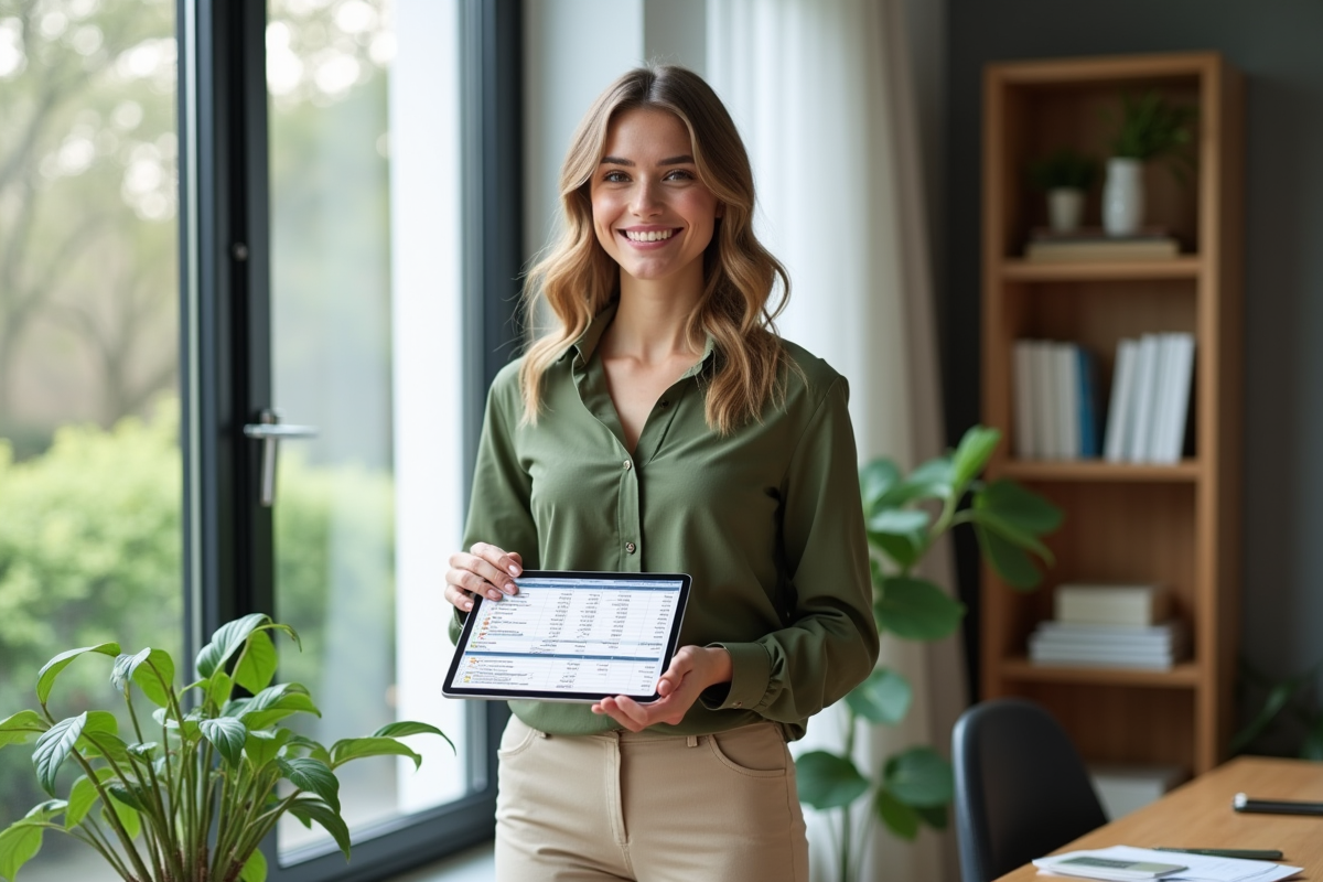 Jeune femme souriante tenant une tablette dans un bureau lumineux