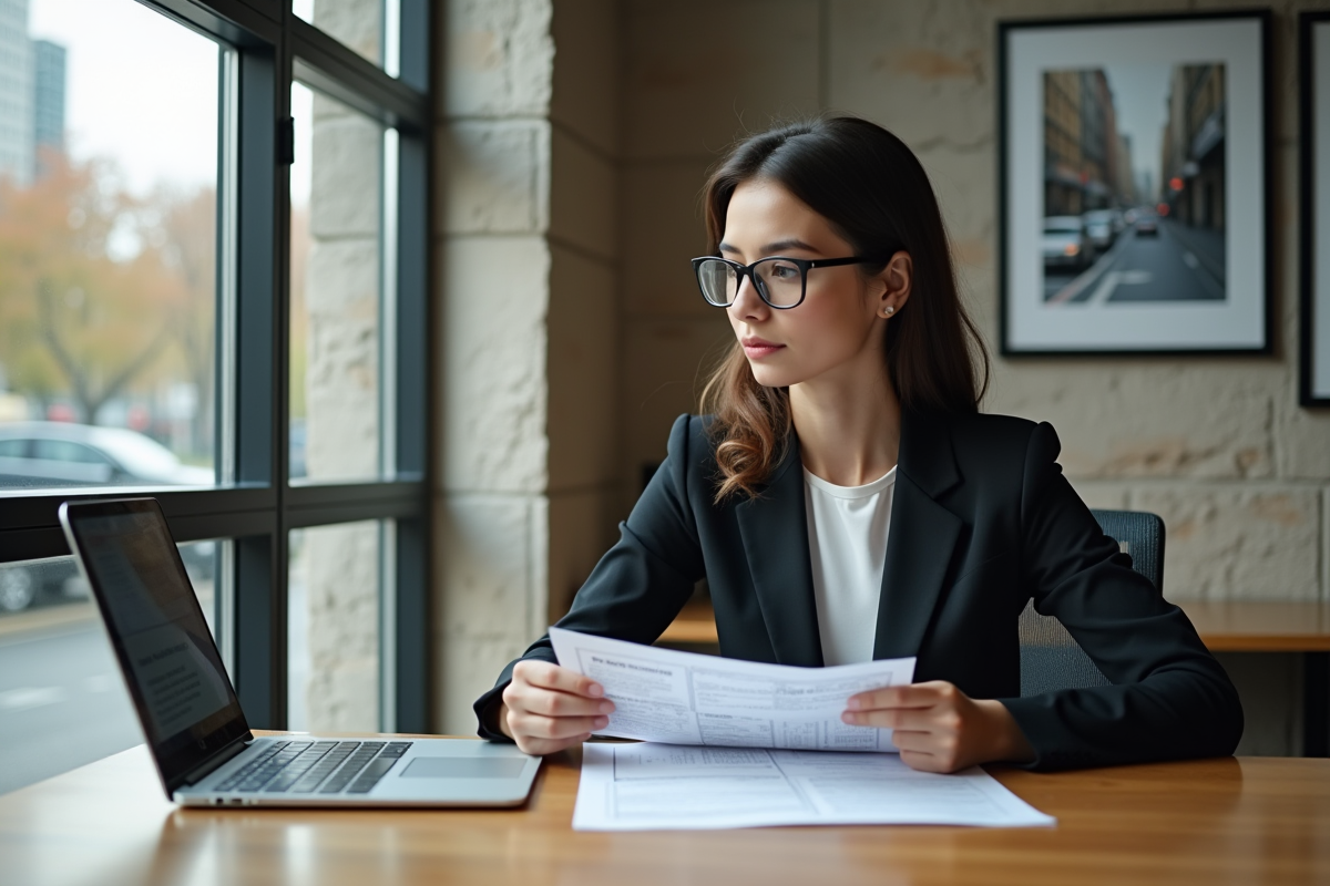 Jeune femme en costume consulte un document dans un bureau urbain