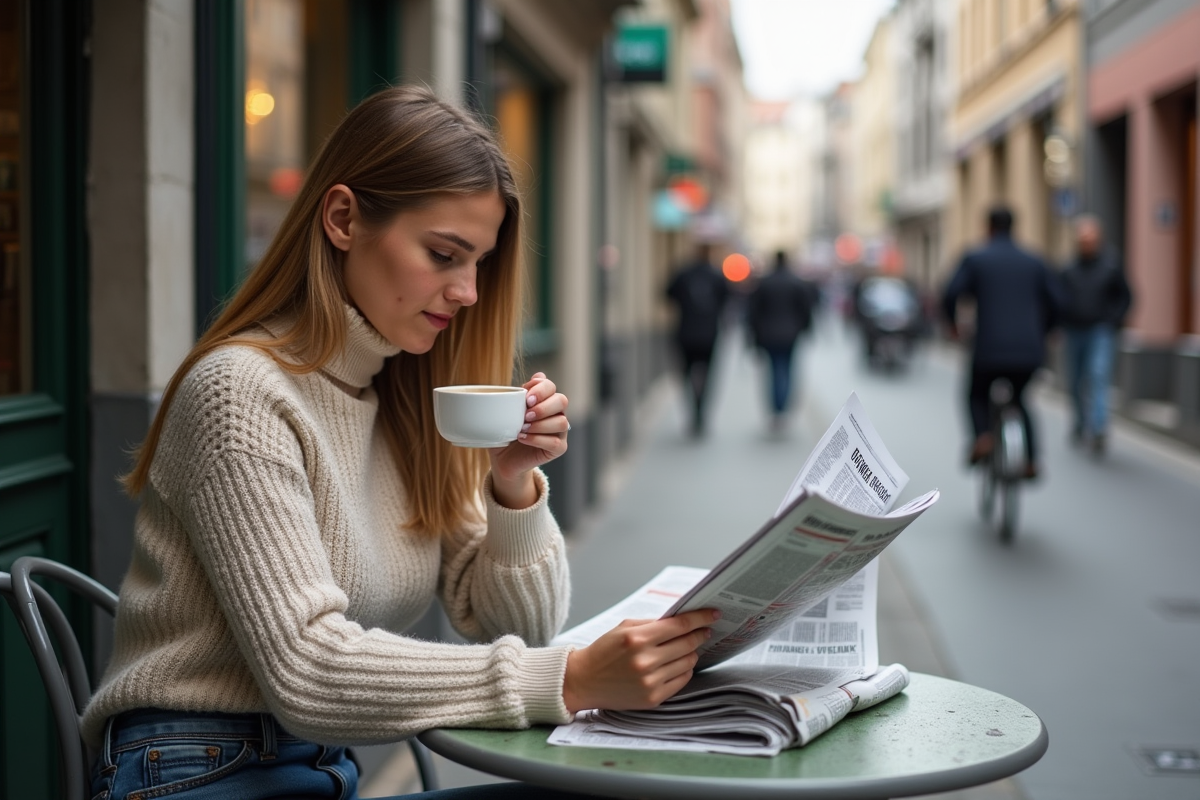 Jeune femme lisant la section financière d