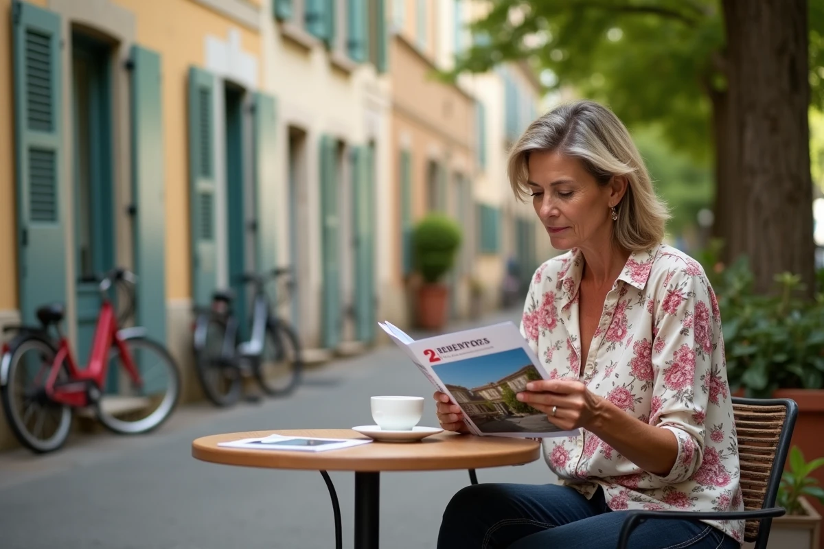 Femme consultant une brochure immobilière dans un café de quartier extra-muros à Avignon