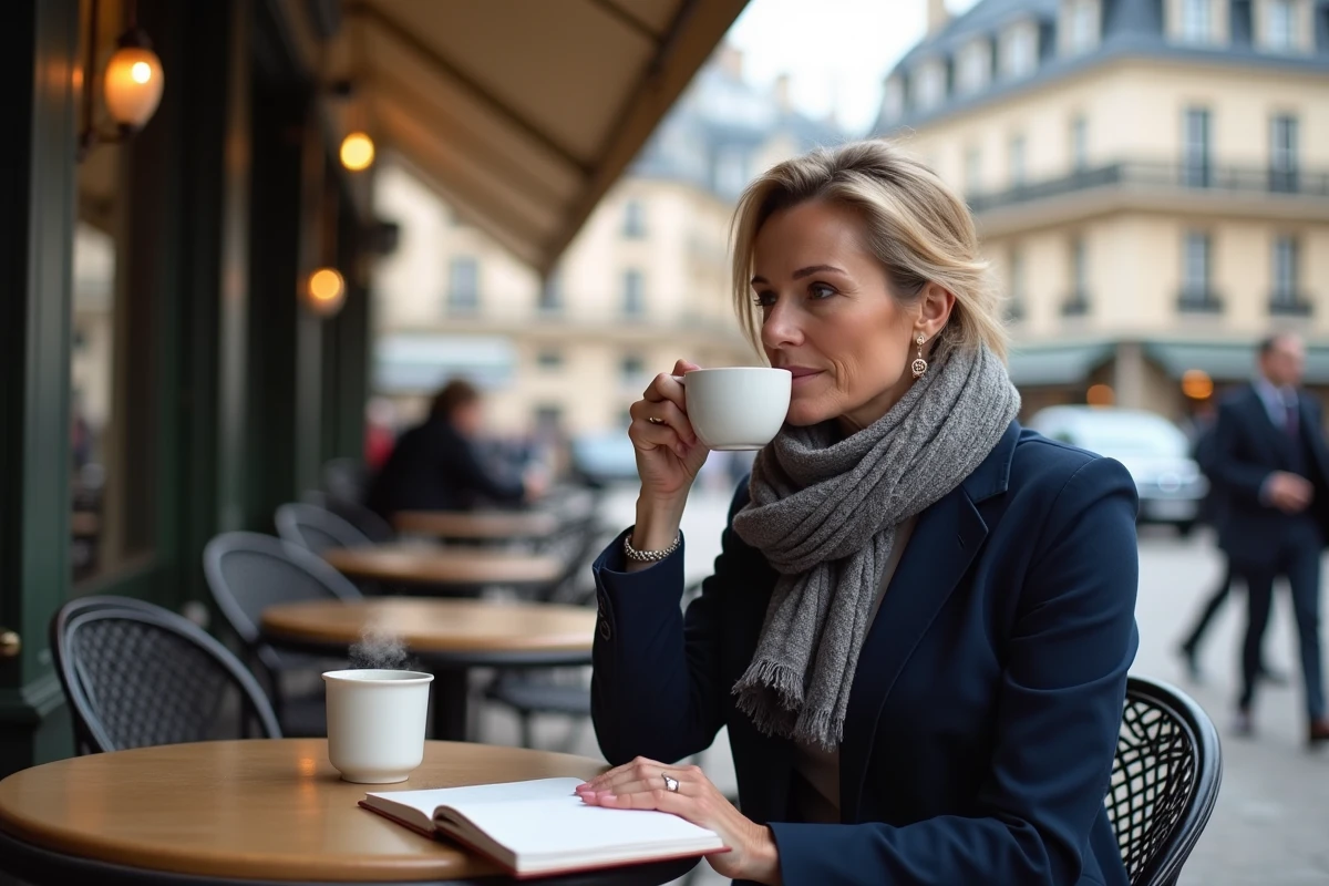 Femme lisant un carnet au café à Saint Germain en Laye
