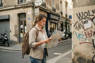 Femme consultant une carte dans un quartier populaire de Besançon, illustrant la recherche d'un logement abordable et sûr
