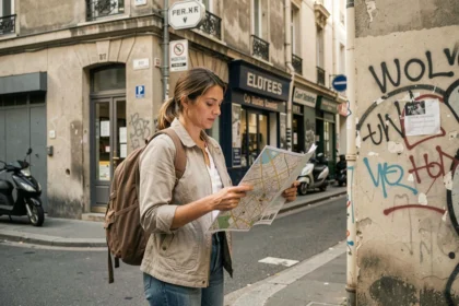 Femme consultant une carte dans un quartier populaire de Besançon, illustrant la recherche d'un logement abordable et sûr