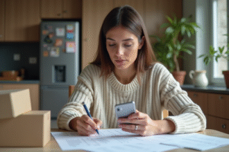 Femme concentrée remplissant formulaires de changement d'adresse dans la cuisine