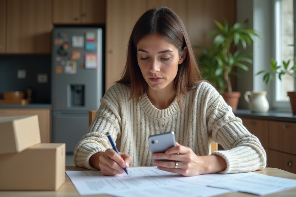 Femme concentrée remplissant formulaires de changement d'adresse dans la cuisine