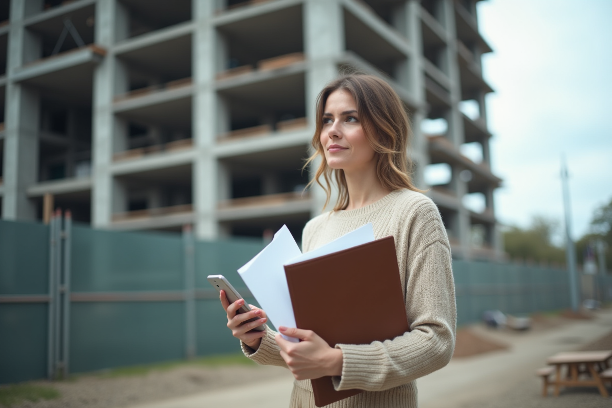 Femme regardant un chantier de construction avec un dossier
