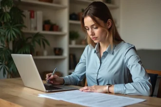 Femme en train de comparer des documents d'assurance à la maison