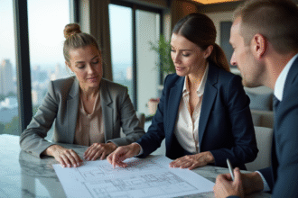 Femme confiante en tailleur bleu dans un penthouse avec vue urbaine