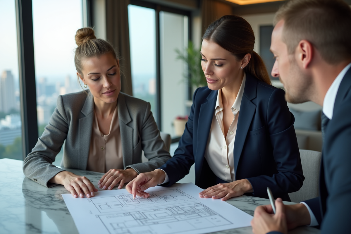 Femme confiante en tailleur bleu dans un penthouse avec vue urbaine