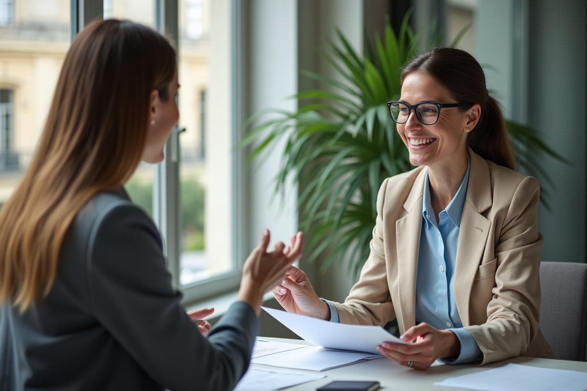 Femme professionnelle souriante discutant avec un conseiller financier