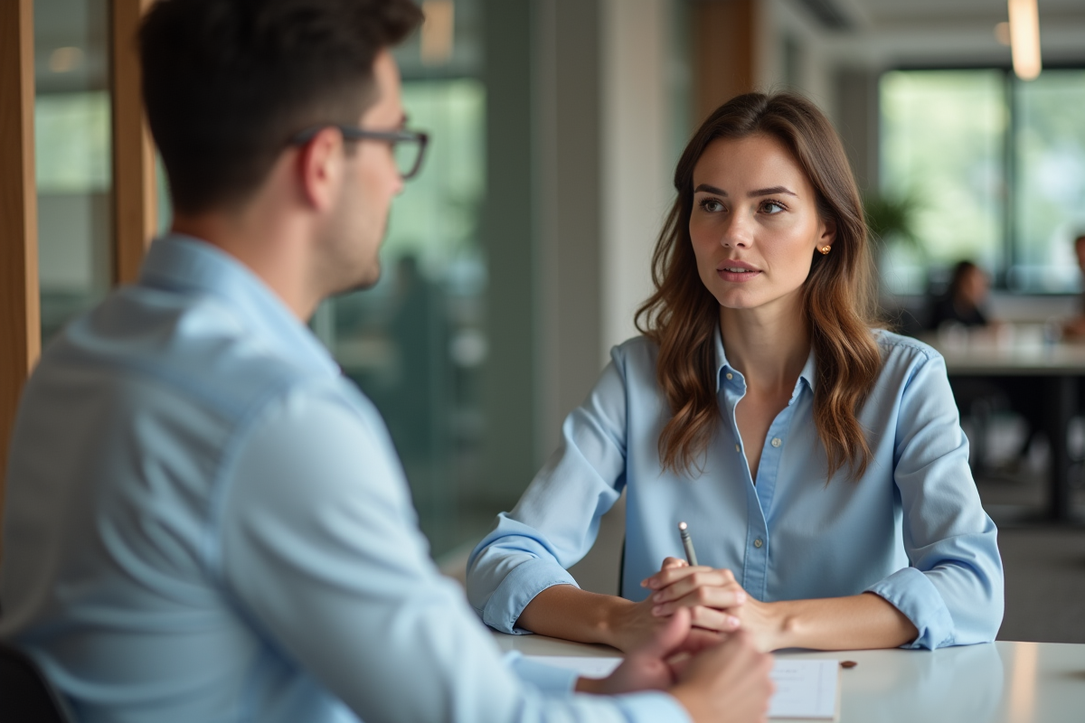 Femme en conseil immobilier avec un professionnel dans un bureau moderne