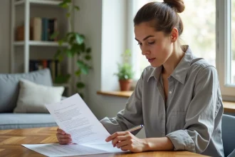 Femme consultant un contrat de bail pour un appartement T3 à la table de salle à manger