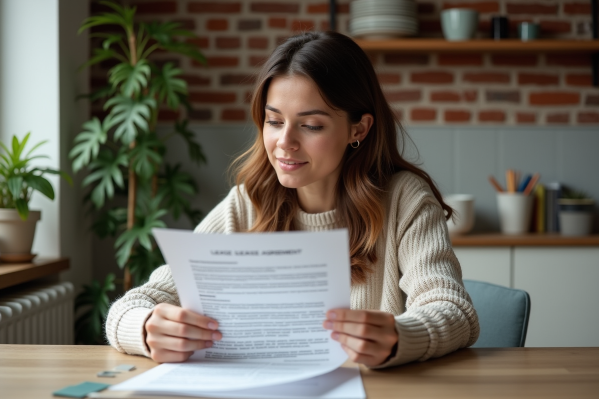 Femme lisant un contrat de location dans une cuisine